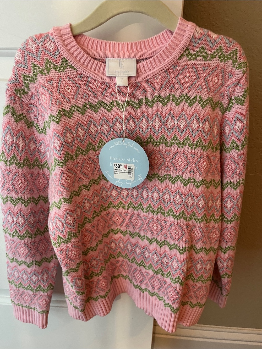 Little English Pink Fair Isle Crewneck Sweater with Green Accents